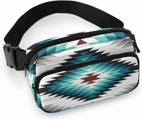 Crossbody Fanny Pack for Women Men, Teal Turquoise Tribal Navajo Aztec Geometric Ethnic Pattern Belt Pouch Bum Bag Adjustable Strap, Lightweight & Waterproof Waist Pack Outdoors Sport Running Pack