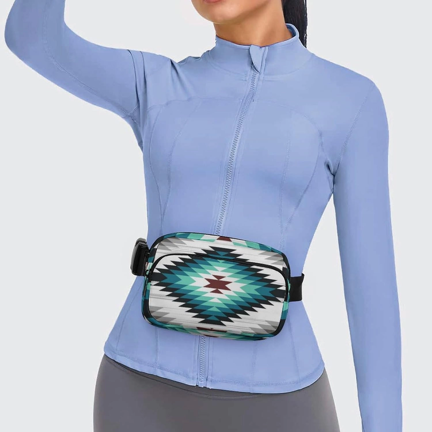 Crossbody Fanny Pack for Women Men, Teal Turquoise Tribal Navajo Aztec Geometric Ethnic Pattern Belt Pouch Bum Bag Adjustable Strap, Lightweight & Waterproof Waist Pack Outdoors Sport Running Pack