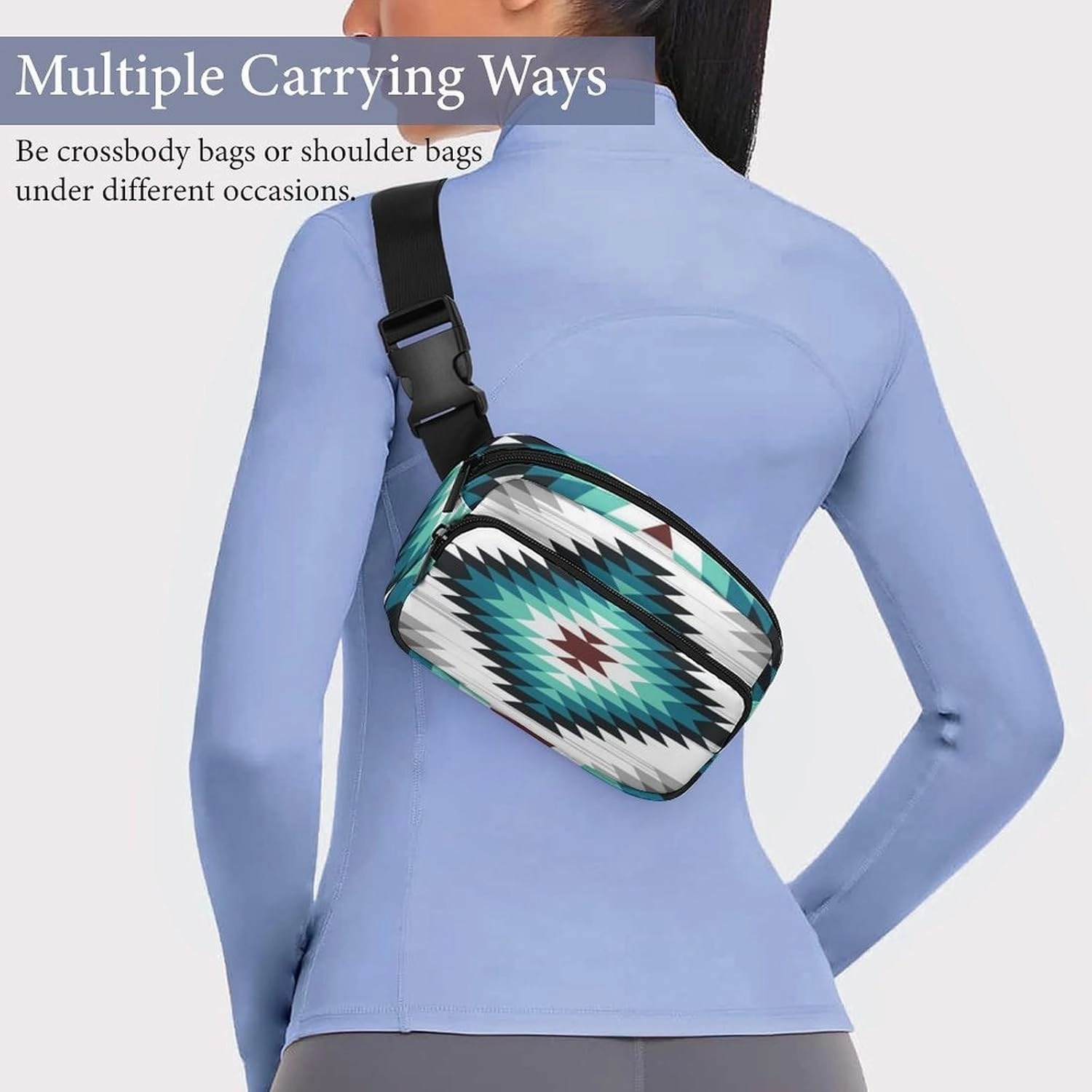 Crossbody Fanny Pack for Women Men, Teal Turquoise Tribal Navajo Aztec Geometric Ethnic Pattern Belt Pouch Bum Bag Adjustable Strap, Lightweight & Waterproof Waist Pack Outdoors Sport Running Pack
