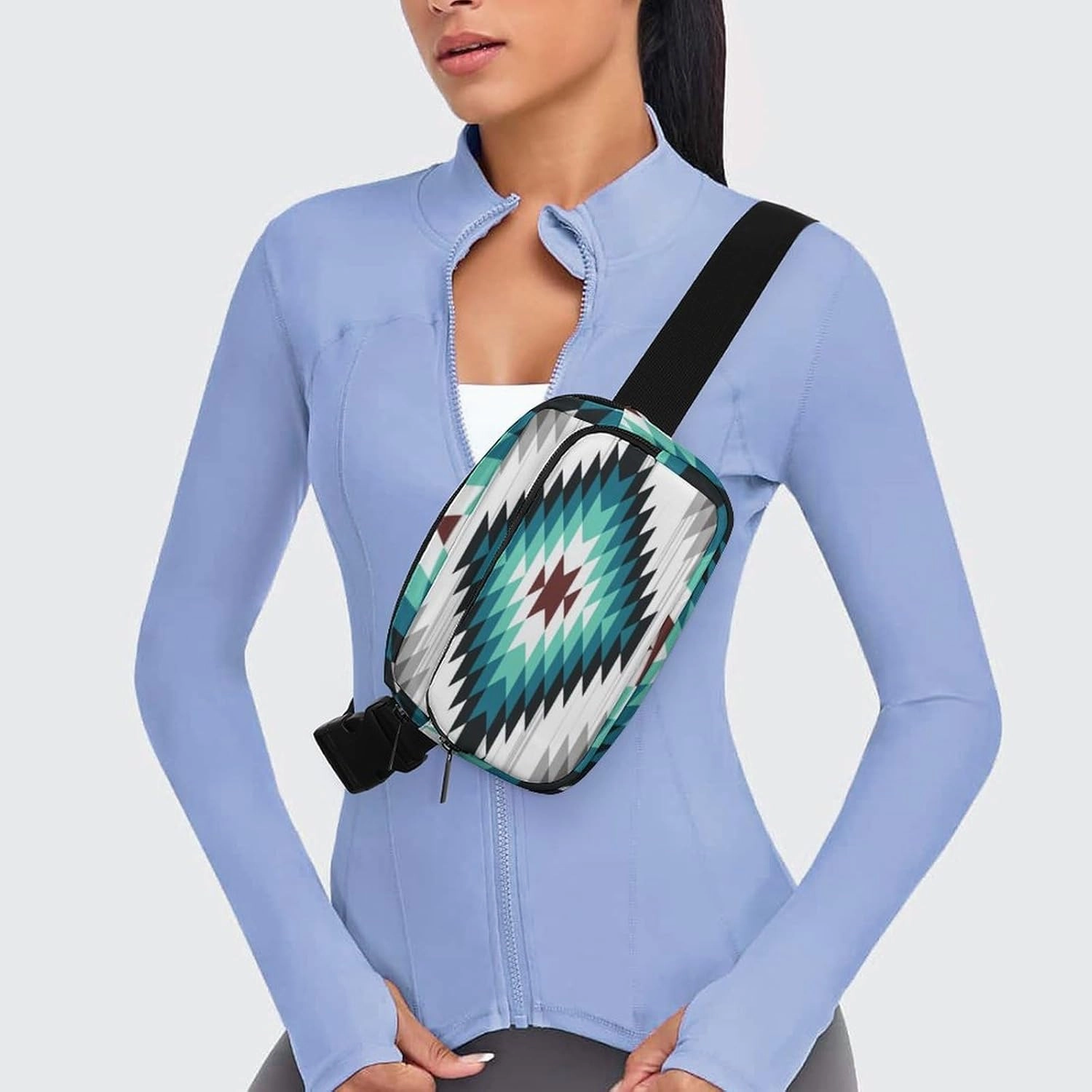 Crossbody Fanny Pack for Women Men, Teal Turquoise Tribal Navajo Aztec Geometric Ethnic Pattern Belt Pouch Bum Bag Adjustable Strap, Lightweight & Waterproof Waist Pack Outdoors Sport Running Pack