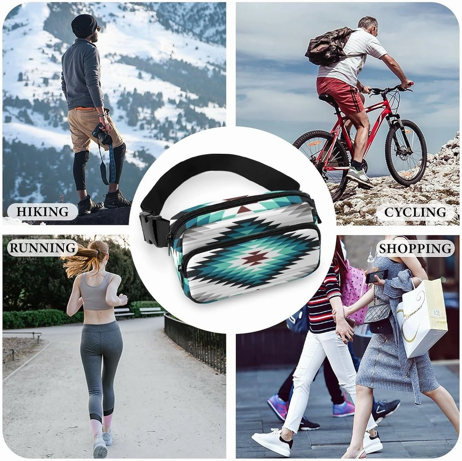 Crossbody Fanny Pack for Women Men, Teal Turquoise Tribal Navajo Aztec Geometric Ethnic Pattern Belt Pouch Bum Bag Adjustable Strap, Lightweight & Waterproof Waist Pack Outdoors Sport Running Pack