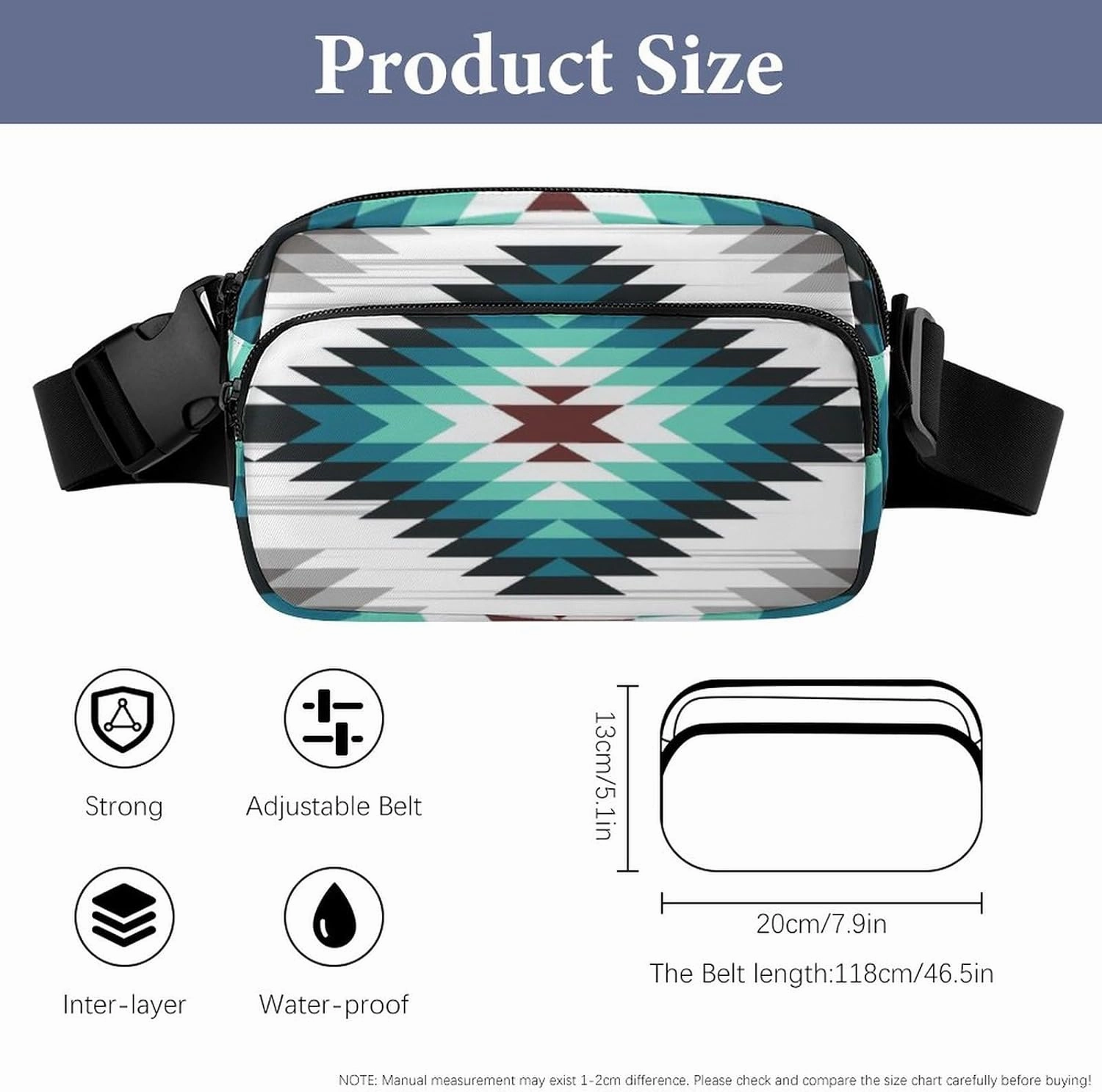 Crossbody Fanny Pack for Women Men, Teal Turquoise Tribal Navajo Aztec Geometric Ethnic Pattern Belt Pouch Bum Bag Adjustable Strap, Lightweight & Waterproof Waist Pack Outdoors Sport Running Pack