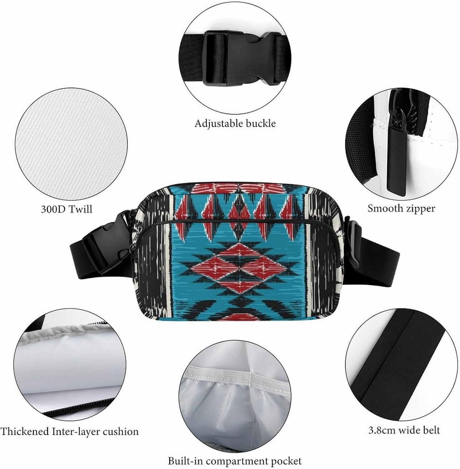 Crossbody Fanny Pack, Tribal Native American Indian Ethnic Aztec Navajo Lightweight Belt Bags Waterproof Workout Running Traveling Hiking Waist Pack For Women Men
