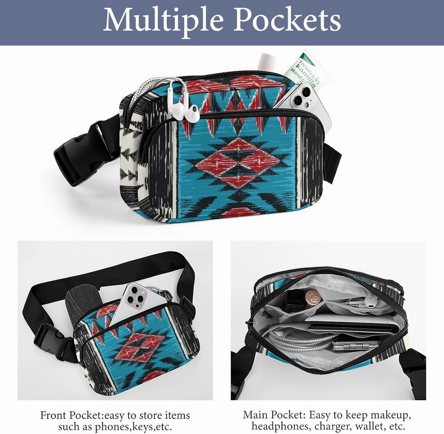 Crossbody Fanny Pack, Tribal Native American Indian Ethnic Aztec Navajo Lightweight Belt Bags Waterproof Workout Running Traveling Hiking Waist Pack For Women Men