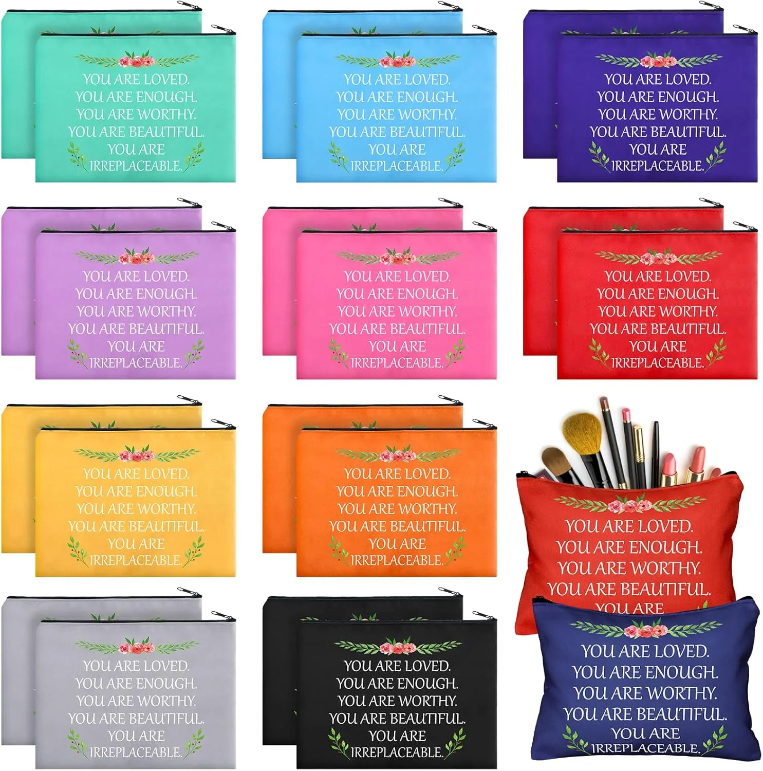 Cunno 24 Pcs Inspirational Makeup Bag Bulk Gift for Women You Are Loved Motivational Canvas Bag with Zipper Appreciation Makeup Cosmetic Bags Christmas Retirement Gift Multicolor(Fresh Color)