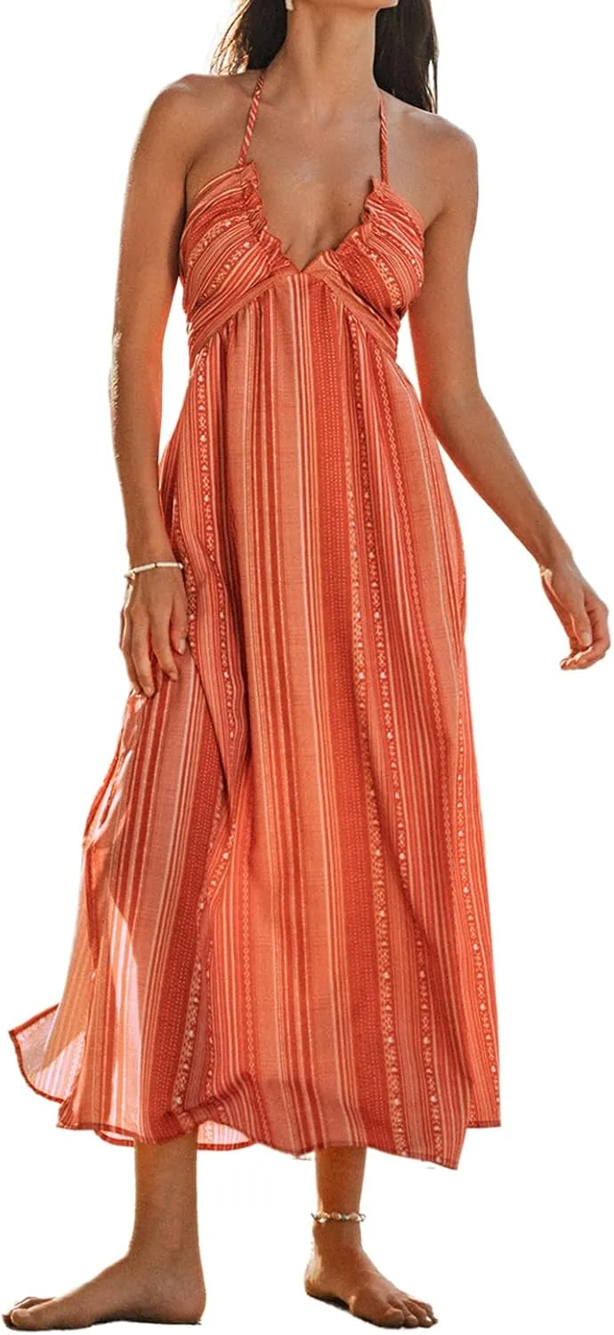 CUPSHE Women Backless Floral Summer Dress Plunging V Halter Neck Spaghetti Strap Ruffle Casual Beach Holiday Maxi Dress