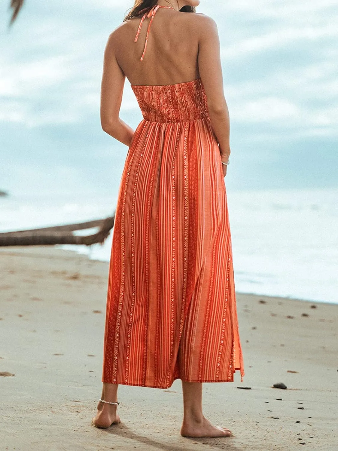 CUPSHE Women Backless Floral Summer Dress Plunging V Halter Neck Spaghetti Strap Ruffle Casual Beach Holiday Maxi Dress