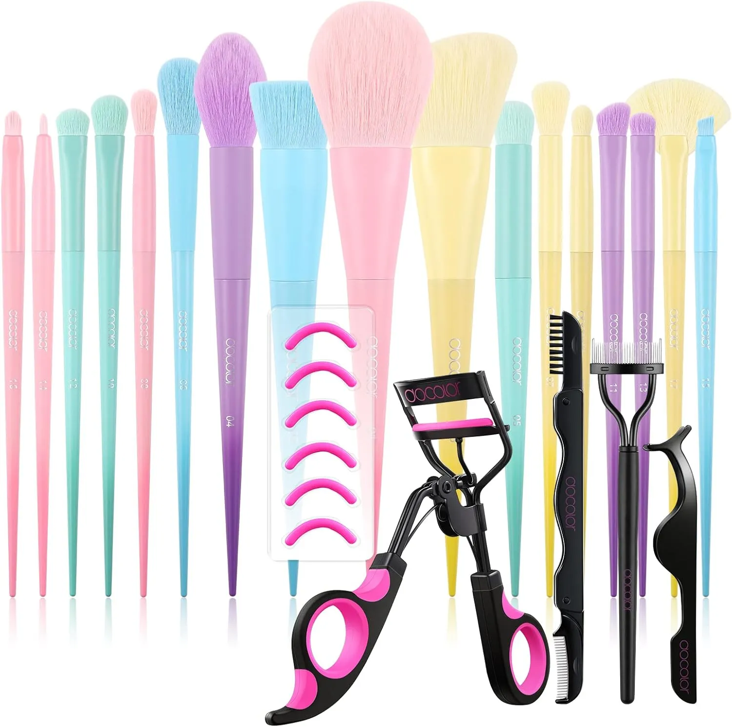 Docolor Eyelash Curler Kit with 17 Pcs Colourful Makeup Brush Set Premium Gift Synthetic Kabuki Foundation Blending Face Powder Blush Concealers Eyeshadow Rainbow Make Up Brush Set