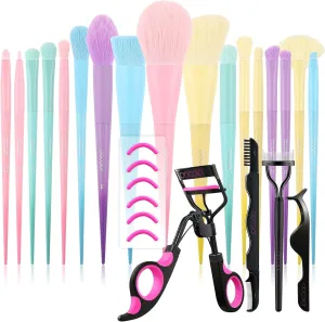 Docolor Eyelash Curler Kit with 17 Pcs Colourful Makeup Brush Set Premium Gift Synthetic Kabuki Foundation Blending Face Powder Blush Concealers Eyeshadow Rainbow Make Up Brush Set