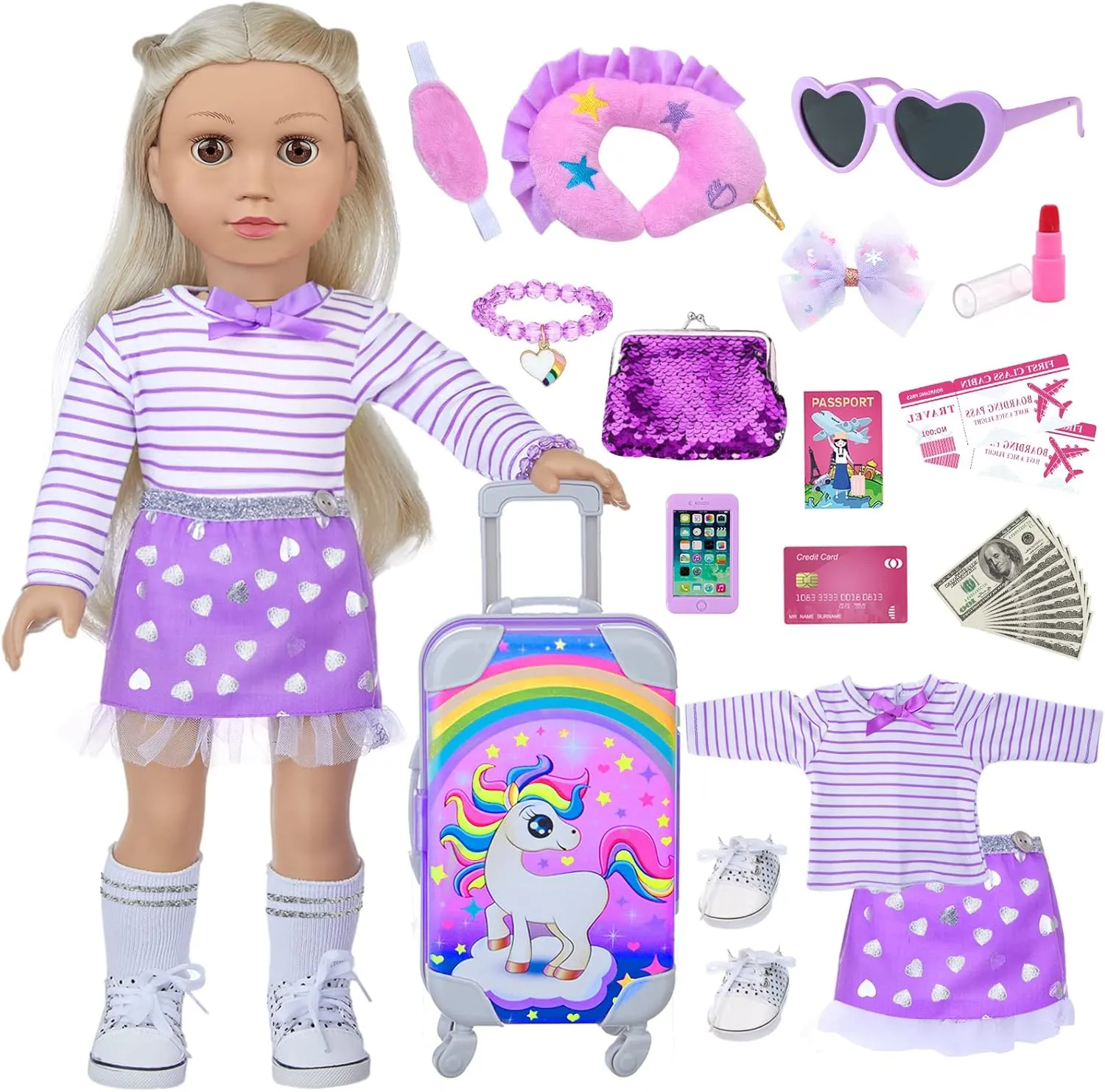 DONTNO 29 Pcs American Doll Clothes and Accessories, Cute Travel Play Set fit 18 Inch Doll with Purple Clothes Suit, Unicorn Suitcase, Handbag, Lipstick, Camera, Sunglasses for Kids