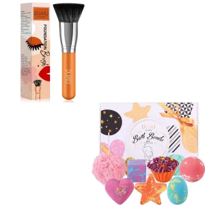 DUAIU Foundation Brushes Flat Top KAbuki Brushes with 6Pcs Kids Bath Bombs with Essential Oils