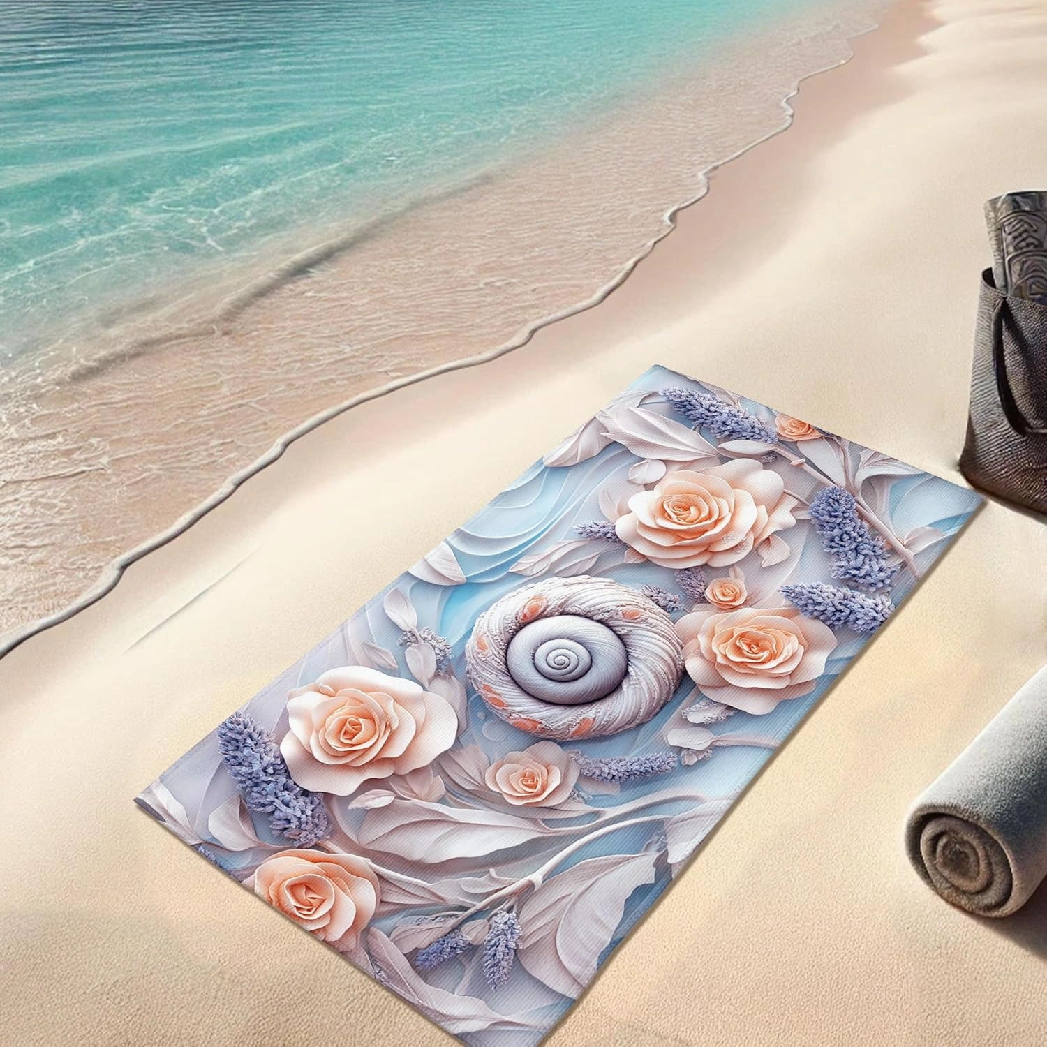 Elegant Floral Microfiber Beach Towel Blush Roses Nautical Shells, Quick Dry Absorbent Soft Lightweight Sand Free Blanket, Beach Pool Spa Vacation Picnic Essentials 62x31 Inch