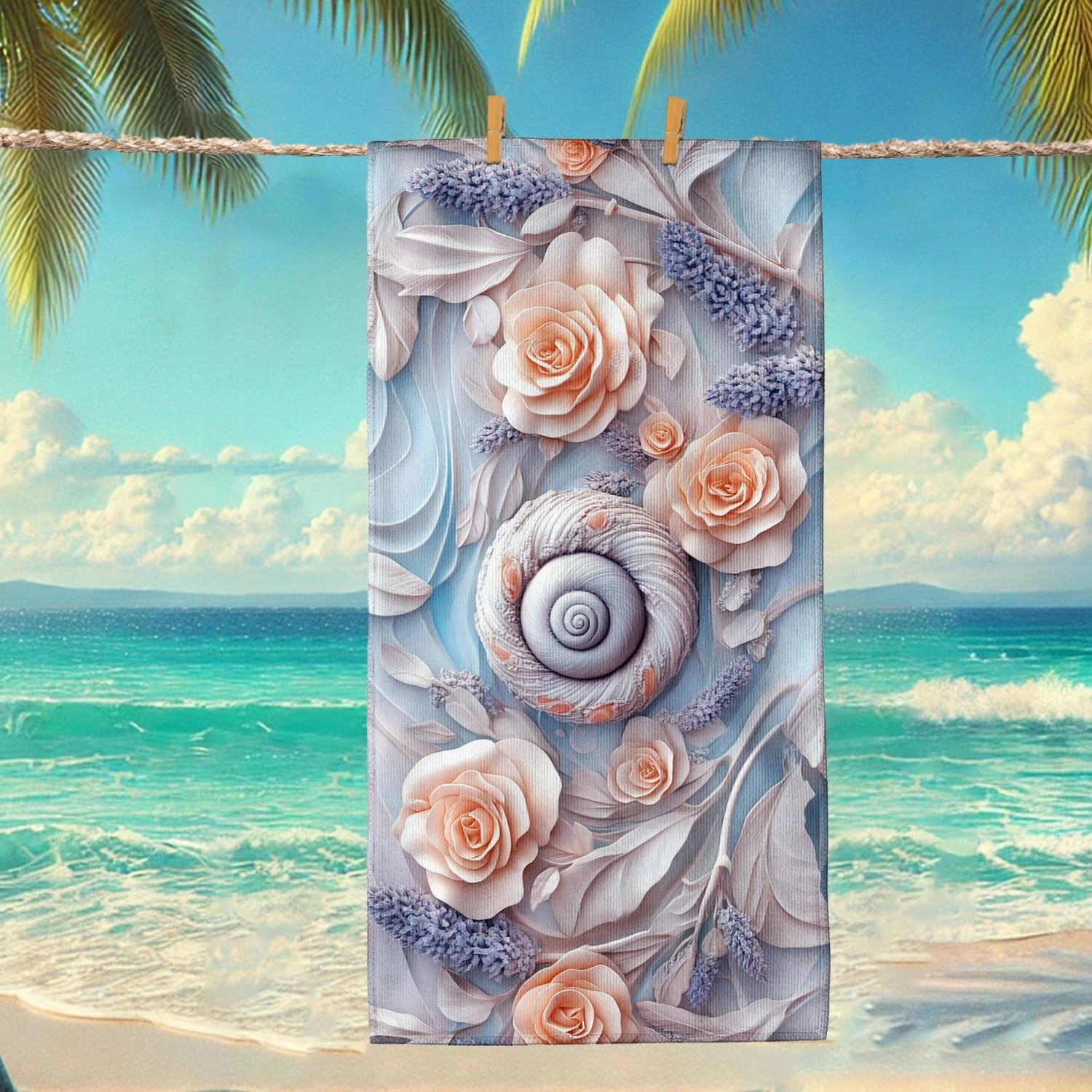 Elegant Floral Microfiber Beach Towel Blush Roses Nautical Shells, Quick Dry Absorbent Soft Lightweight Sand Free Blanket, Beach Pool Spa Vacation Picnic Essentials 62x31 Inch