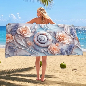 Elegant Floral Microfiber Beach Towel Blush Roses Nautical Shells, Quick Dry Absorbent Soft Lightweight Sand Free Blanket, Beach Pool Spa Vacation Picnic Essentials 62x31 Inch
