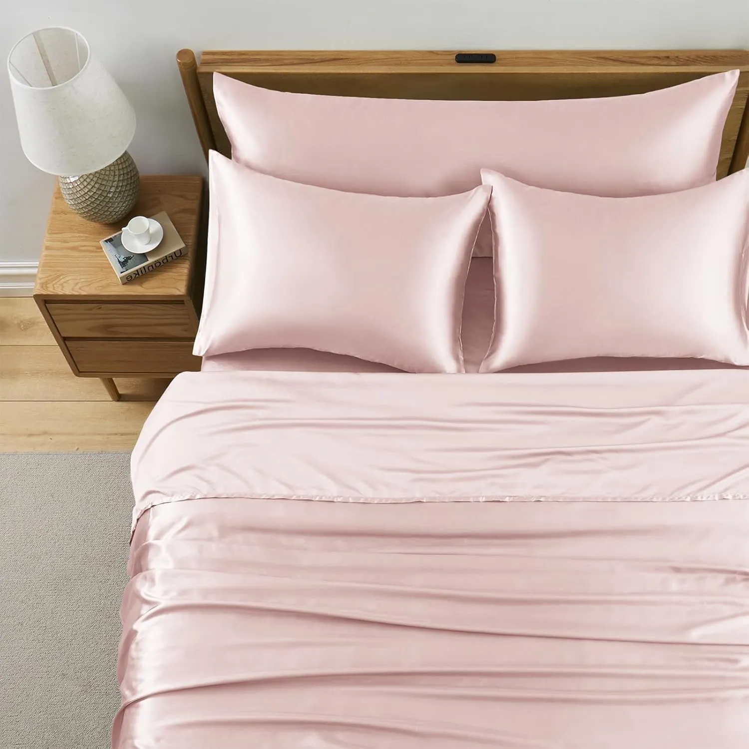 Entisn 5Pcs Blush Full Size Bed Sheets Set with Body Pillow Cover, Silky Satin Sheets Set, Luxury Bedding Sets, Breathable & Ultra Soft Sheets Set Includes 1 Fitted Sheet, 1 Flat Sheet, 3 Pillowcases