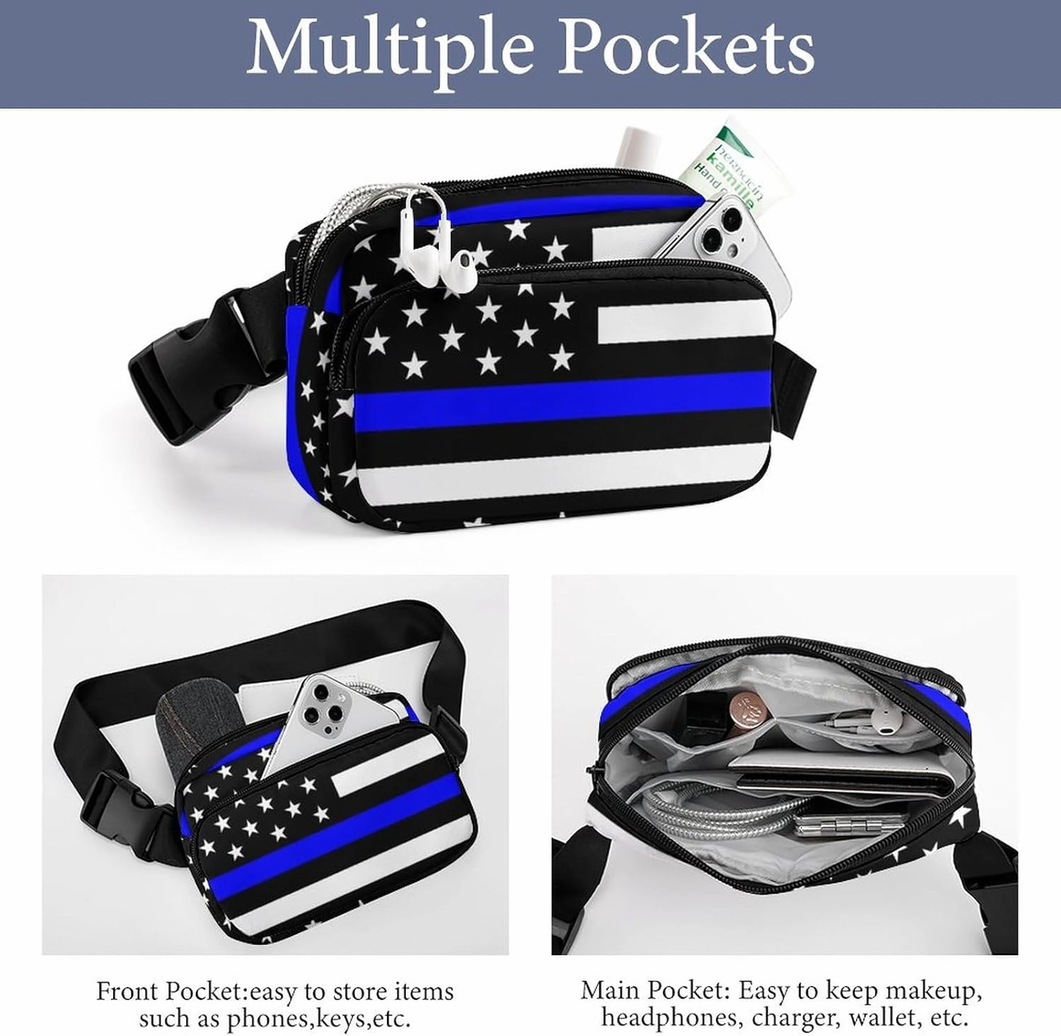 Fanny Packs Waist Pack for Women, Waterproof Stylish Waist Pack Adjustable Crossbody Bags, American Thin Blue Line Police Flag Small Belt Bag for Workout Running Traveling Hiking