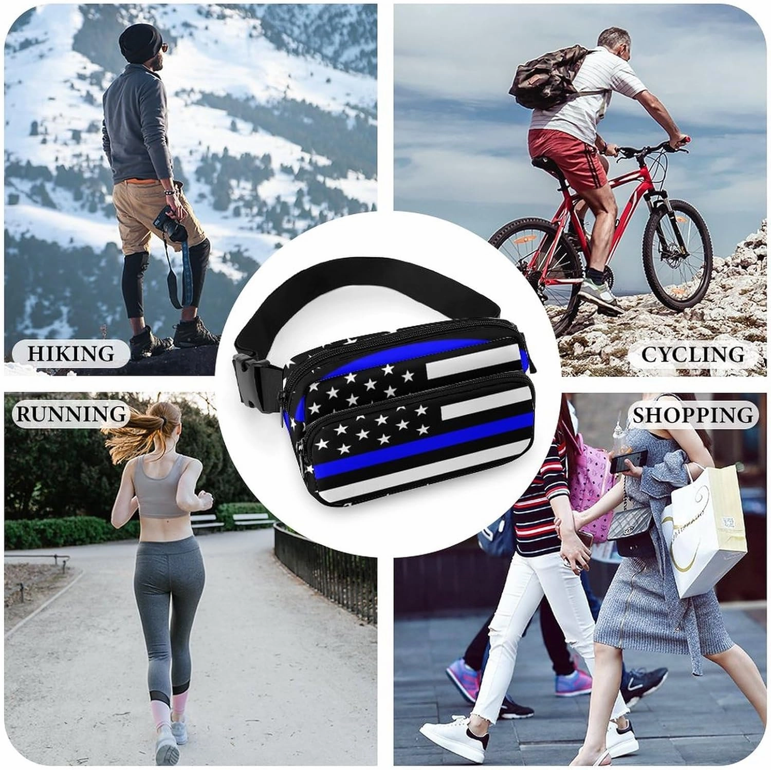 Fanny Packs Waist Pack for Women, Waterproof Stylish Waist Pack Adjustable Crossbody Bags, American Thin Blue Line Police Flag Small Belt Bag for Workout Running Traveling Hiking