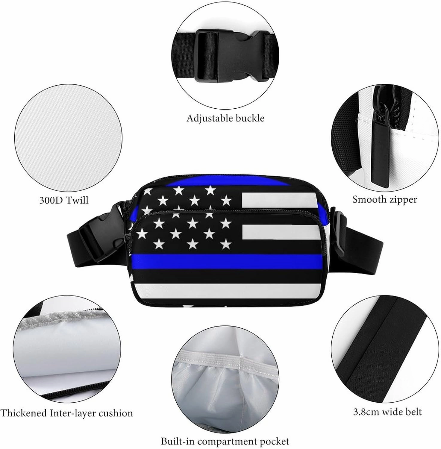Fanny Packs Waist Pack for Women, Waterproof Stylish Waist Pack Adjustable Crossbody Bags, American Thin Blue Line Police Flag Small Belt Bag for Workout Running Traveling Hiking