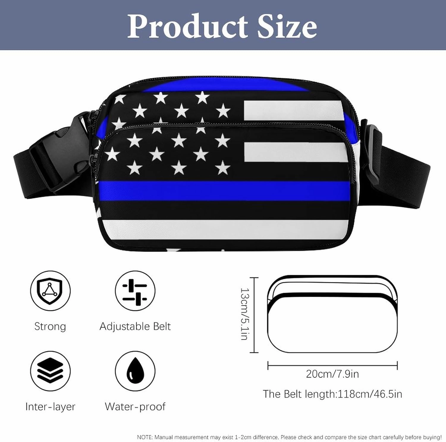 Fanny Packs Waist Pack for Women, Waterproof Stylish Waist Pack Adjustable Crossbody Bags, American Thin Blue Line Police Flag Small Belt Bag for Workout Running Traveling Hiking