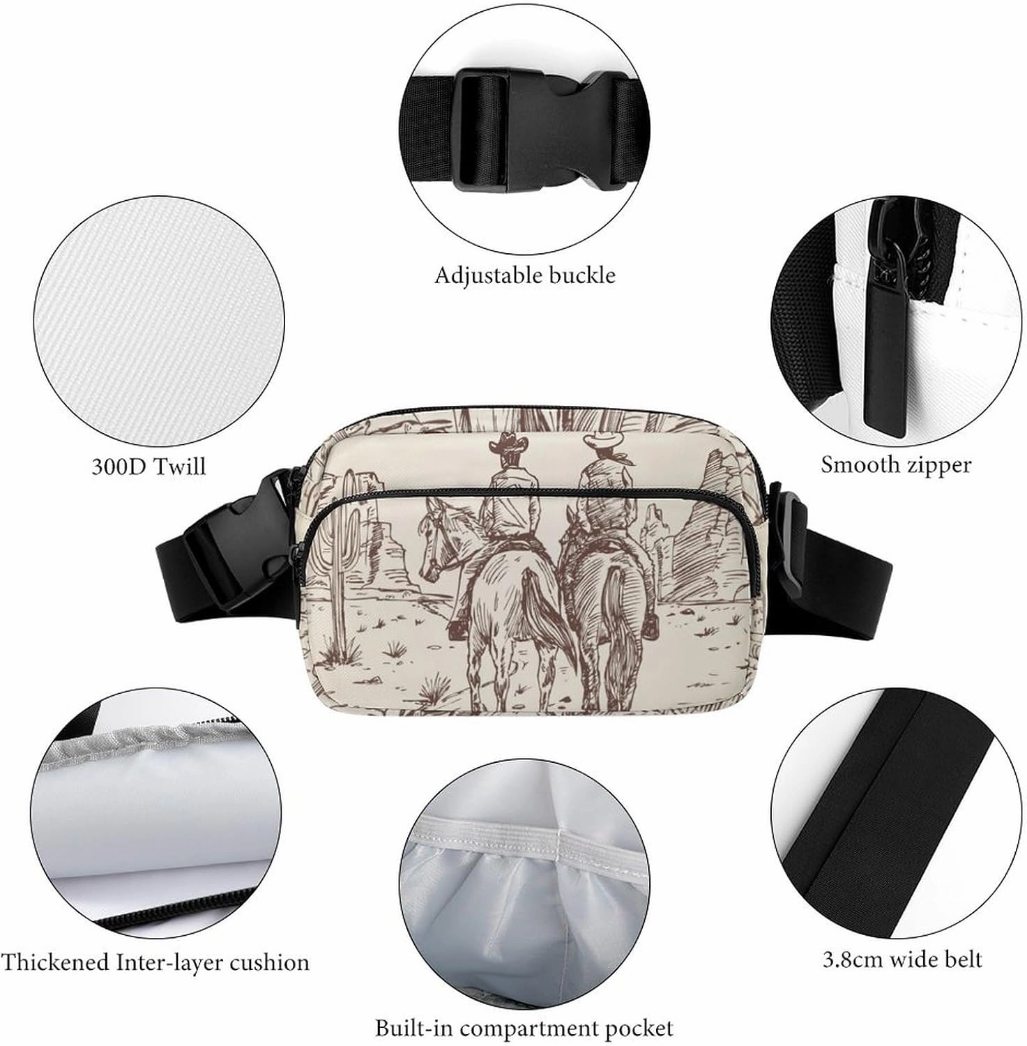 Fanny Packs Waist Pack for Women, Waterproof Stylish Waist Pack Adjustable Crossbody Bags, Western Desert Cowboy Riding Horses Small Belt Bag for Workout Running Traveling Hiking