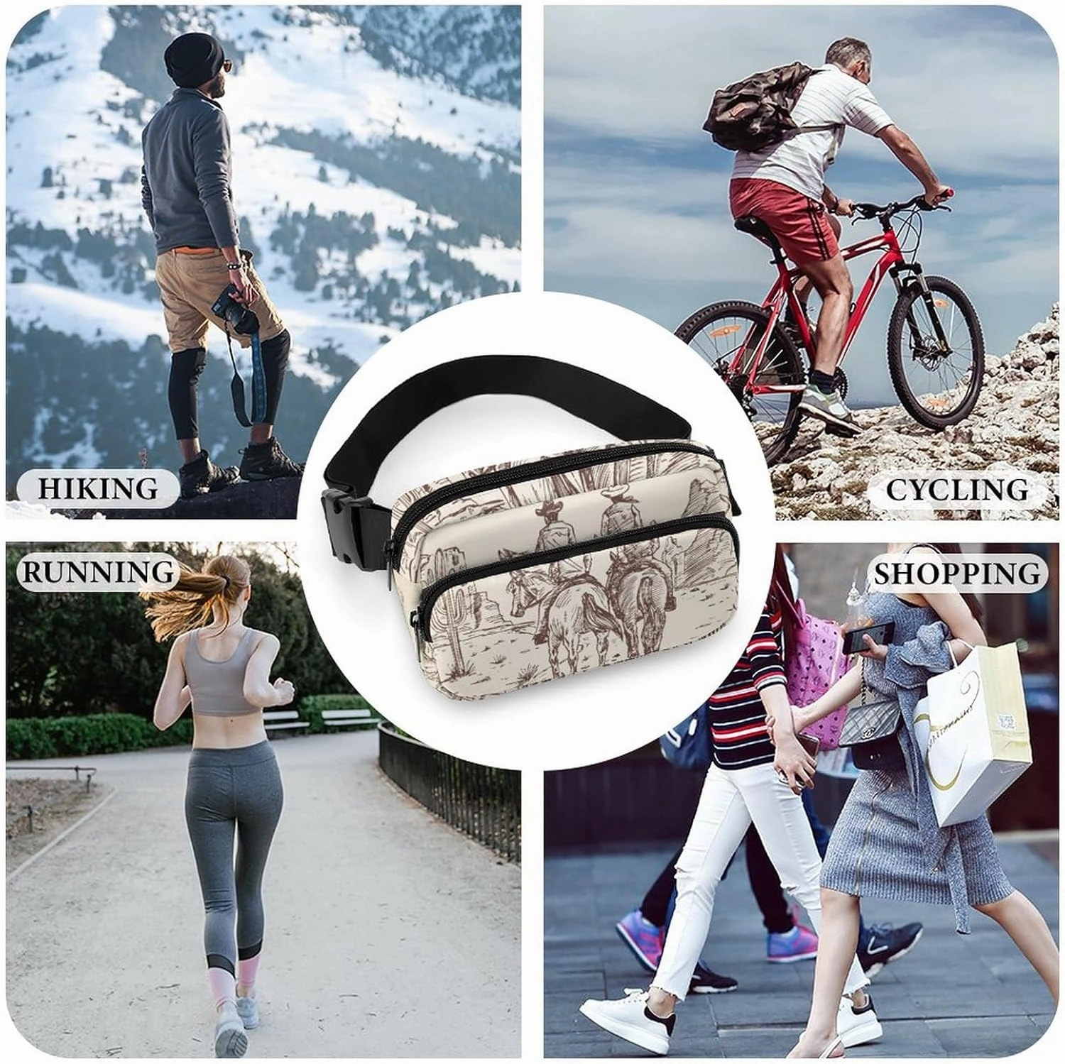 Fanny Packs Waist Pack for Women, Waterproof Stylish Waist Pack Adjustable Crossbody Bags, Western Desert Cowboy Riding Horses Small Belt Bag for Workout Running Traveling Hiking