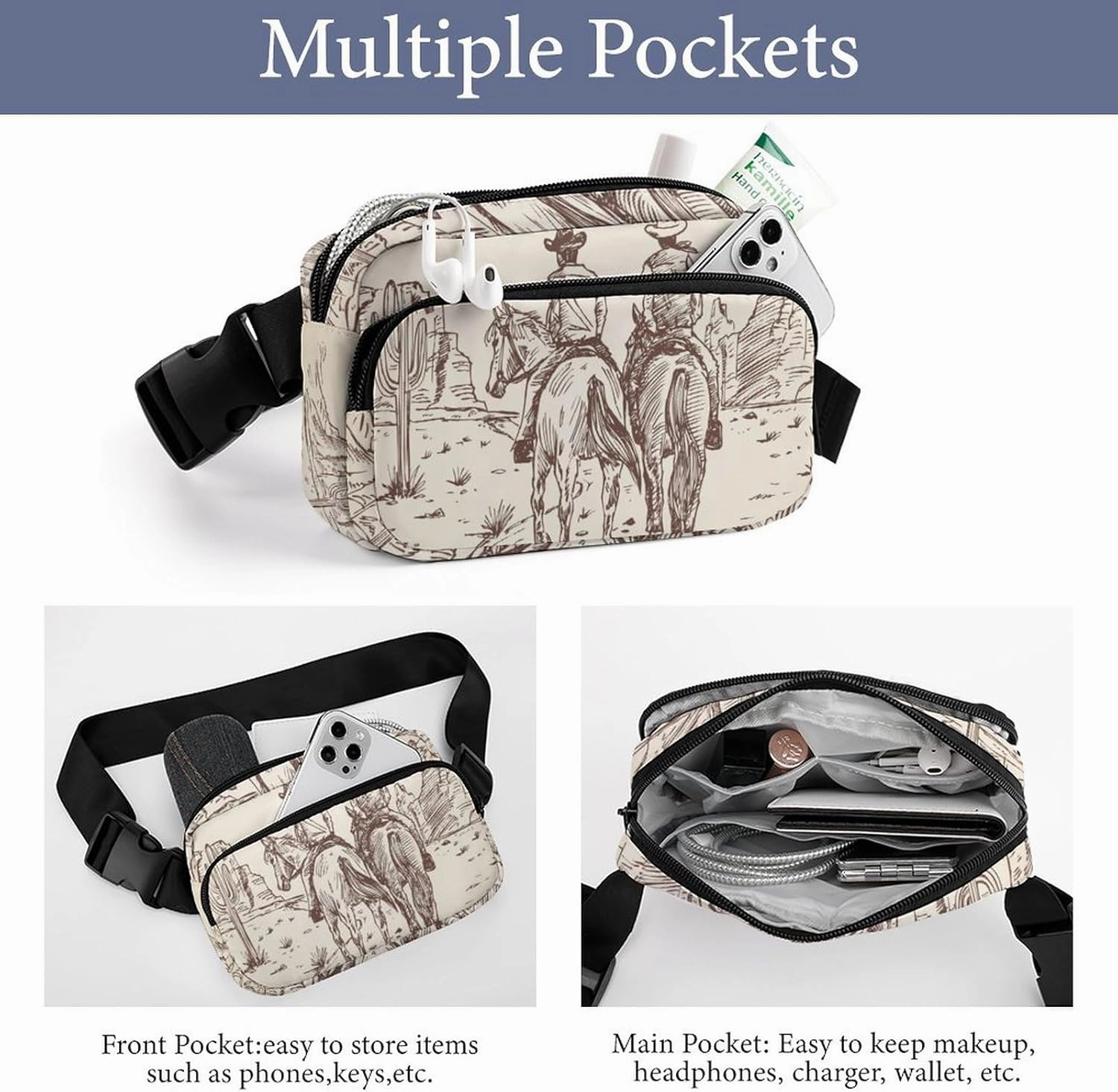 Fanny Packs Waist Pack for Women, Waterproof Stylish Waist Pack Adjustable Crossbody Bags, Western Desert Cowboy Riding Horses Small Belt Bag for Workout Running Traveling Hiking