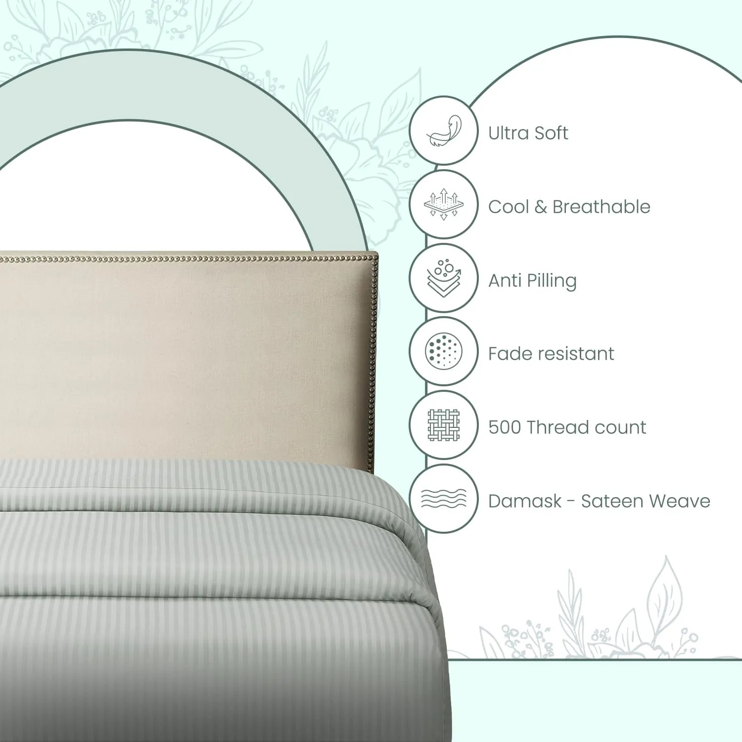 Feather & Stitch 1 Piece Fitted Sheet Queen Size, 100% Cotton Damask Sateen Weave, Striped Breathable, Stretchable Elastic Sheet For Mattress 18 inch Deep Pocket, 500TC Premium Ultra Soft - Blue Blush