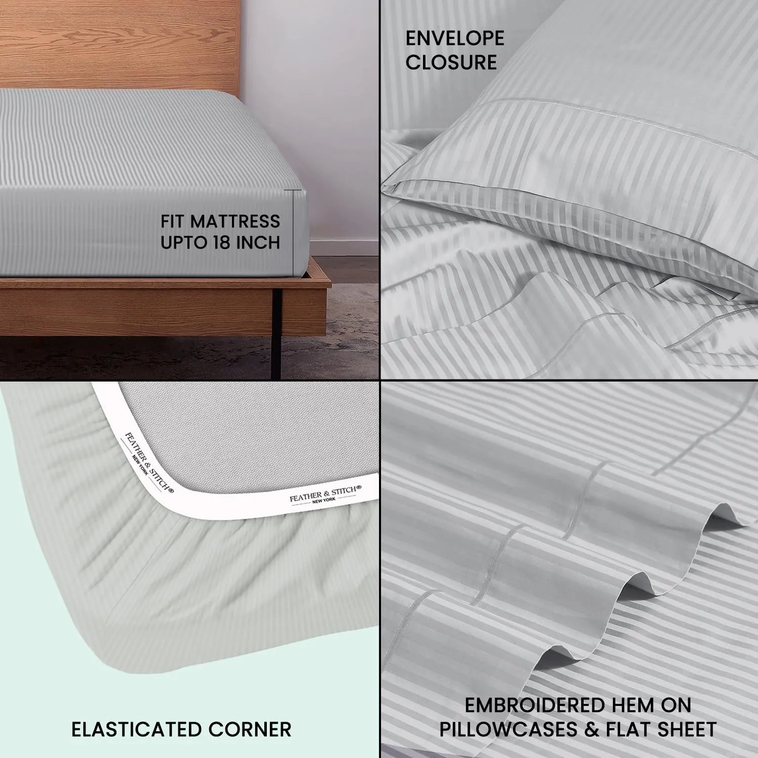 Feather & Stitch 500 TC King Size Damask Bed Sheet Set, 100% Cotton Soft Breathable Bedsheets, 4 Piece 18" Deep Pockets Sateen Weave Striped Bedding Mattress Resort Hotel Luxury- (Blue Blush, King)