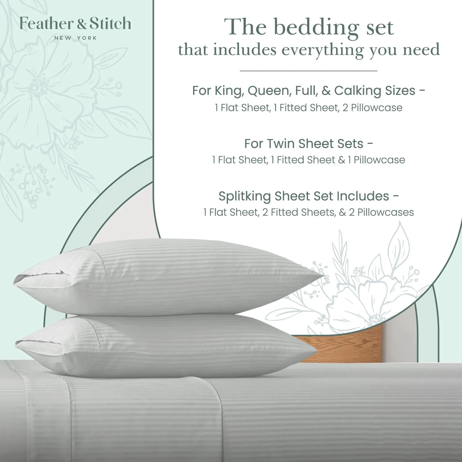 Feather & Stitch 500 TC King Size Damask Bed Sheet Set, 100% Cotton Soft Breathable Bedsheets, 4 Piece 18" Deep Pockets Sateen Weave Striped Bedding Mattress Resort Hotel Luxury- (Blue Blush, King)