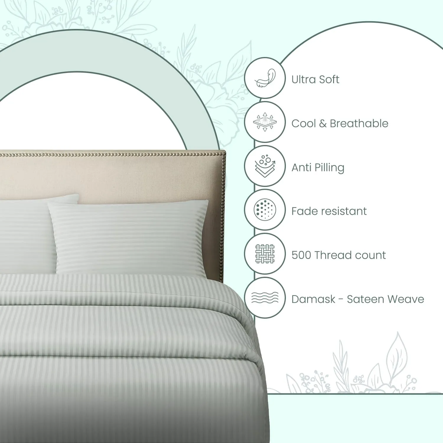Feather & Stitch 500 TC King Size Damask Bed Sheet Set, 100% Cotton Soft Breathable Bedsheets, 4 Piece 18" Deep Pockets Sateen Weave Striped Bedding Mattress Resort Hotel Luxury- (Blue Blush, King)