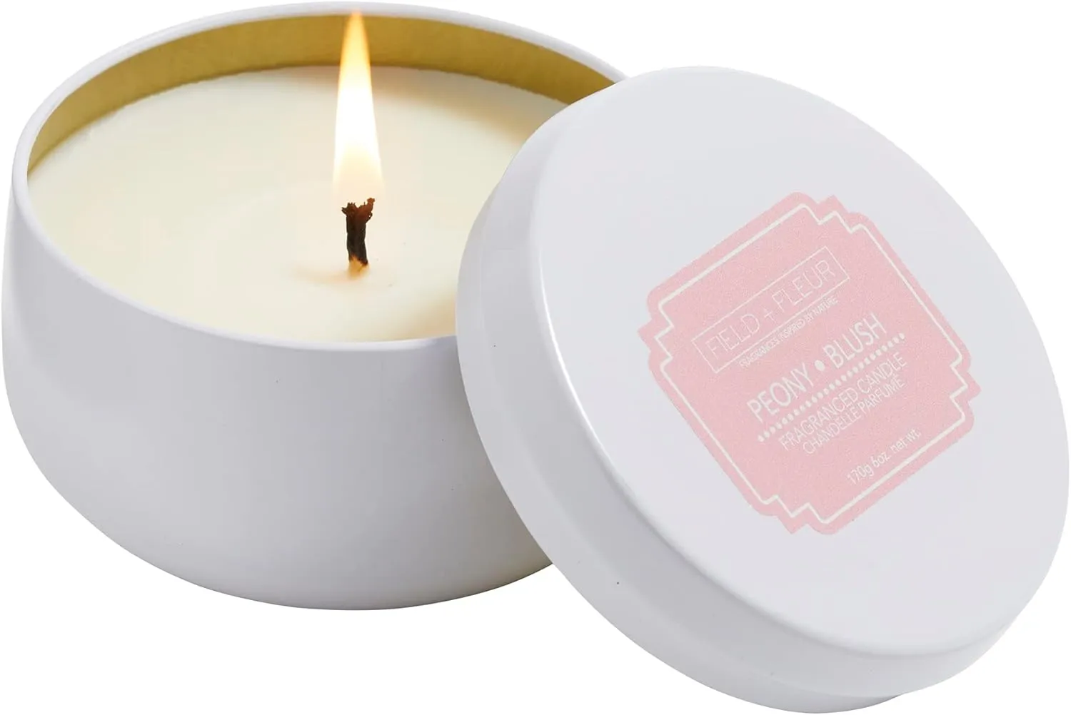 Field   Fleur by Hillhouse Naturals Candle in White Tin 100% Soy Wax Blend Scented Candles - 6 oz (Peony Blush) Sandalwood and Pink Peppercorn Balance Nicely with Rose Blooms and Jasmine.