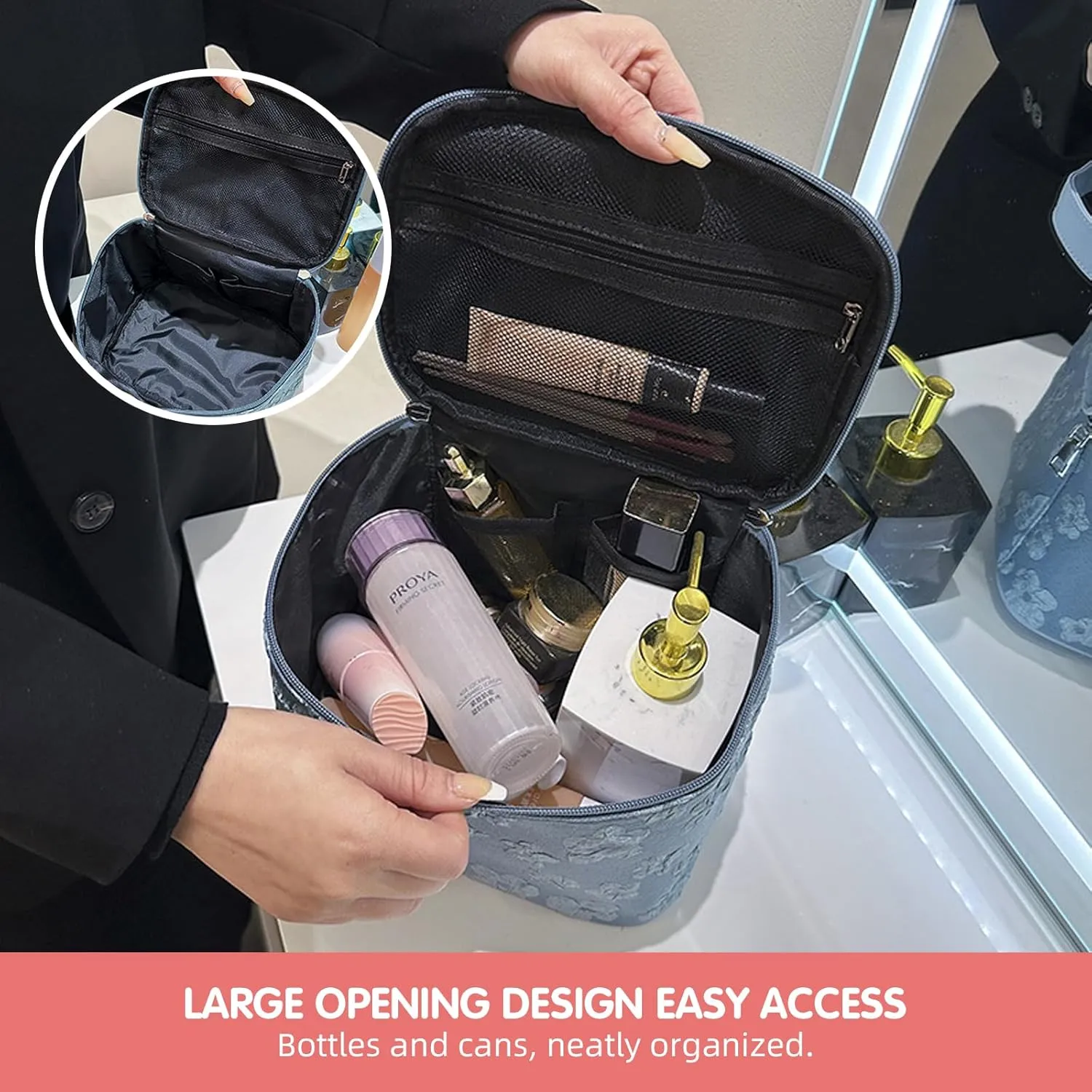 Floral Makeup Bag, Large Capacity Makeup Toiletry Bag, Zipper Cosmetic Pouch, Daily Travel Use Skincare Bag, Multipurpose Organizer Bag (Midnight Petals Black)