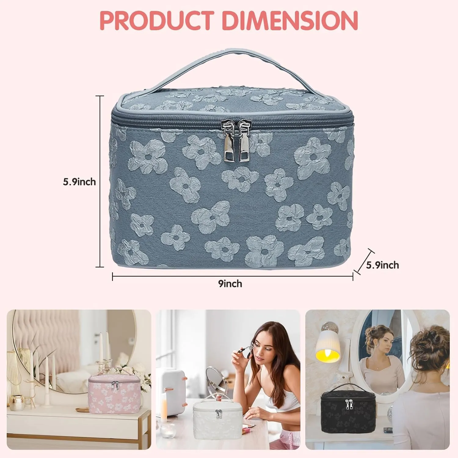 Floral Makeup Bag, Large Capacity Makeup Toiletry Bag, Zipper Cosmetic Pouch, Daily Travel Use Skincare Bag, Multipurpose Organizer Bag (Sapphire Flora Blue)