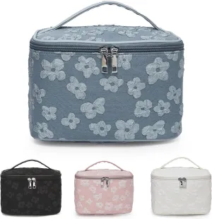 Floral Makeup Bag, Large Capacity Makeup Toiletry Bag, Zipper Cosmetic Pouch, Daily Travel Use Skincare Bag, Multipurpose Organizer Bag (Sapphire Flora Blue)