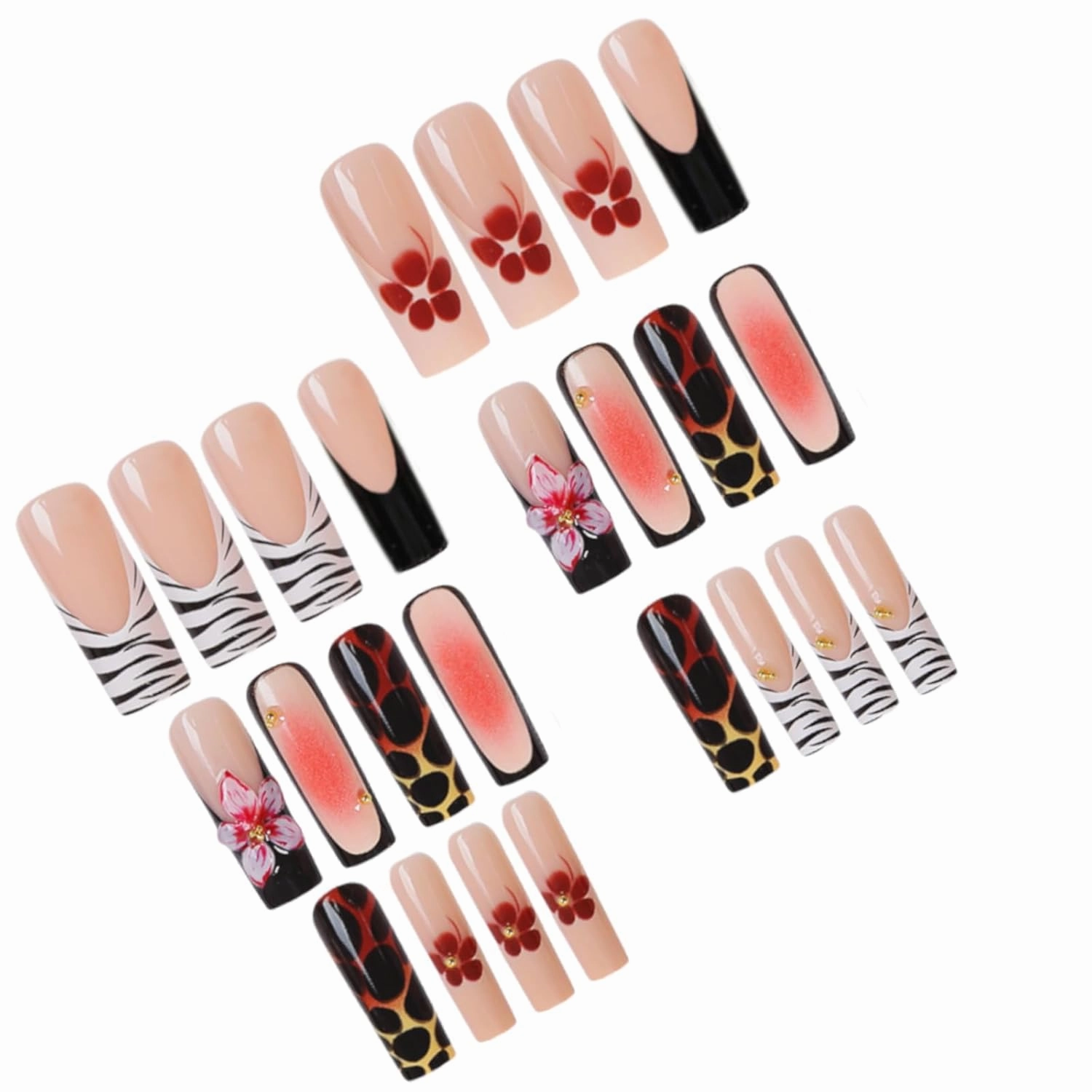 FORBELOVED NAILS,French Tip-Line Zebra Press On Nails,Long Square Stick On Nails,Shiny 3D Flower With Gradient Blush Design False Nails For Women And Girls,12 Sizes-24Pcs with Glue,(Black),FOB