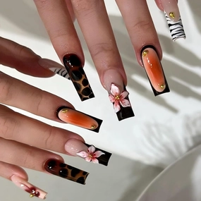 FORBELOVED NAILS,French Tip-Line Zebra Press On Nails,Long Square Stick On Nails,Shiny 3D Flower With Gradient Blush Design False Nails For Women And Girls,12 Sizes-24Pcs with Glue,(Black),FOB