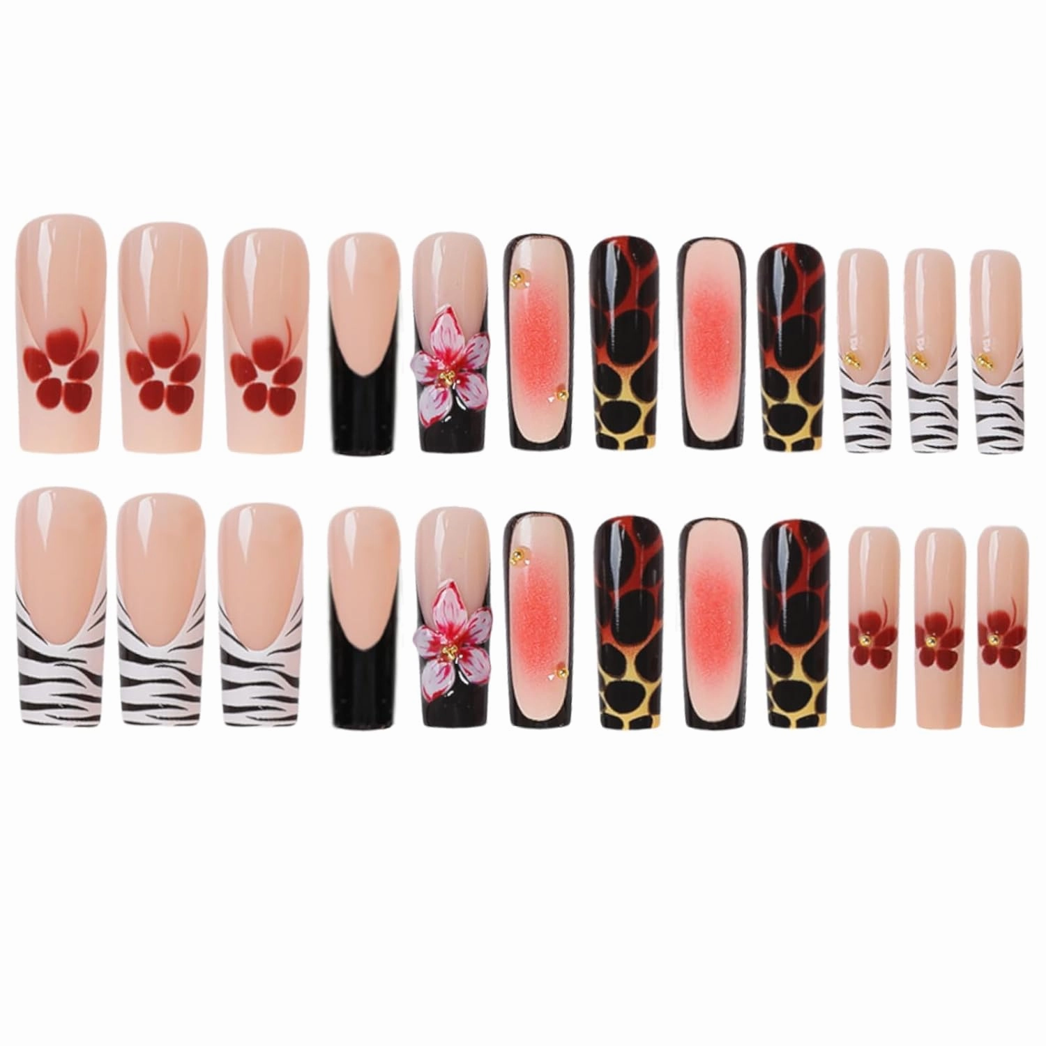 FORBELOVED NAILS,French Tip-Line Zebra Press On Nails,Long Square Stick On Nails,Shiny 3D Flower With Gradient Blush Design False Nails For Women And Girls,12 Sizes-24Pcs with Glue,(Black),FOB
