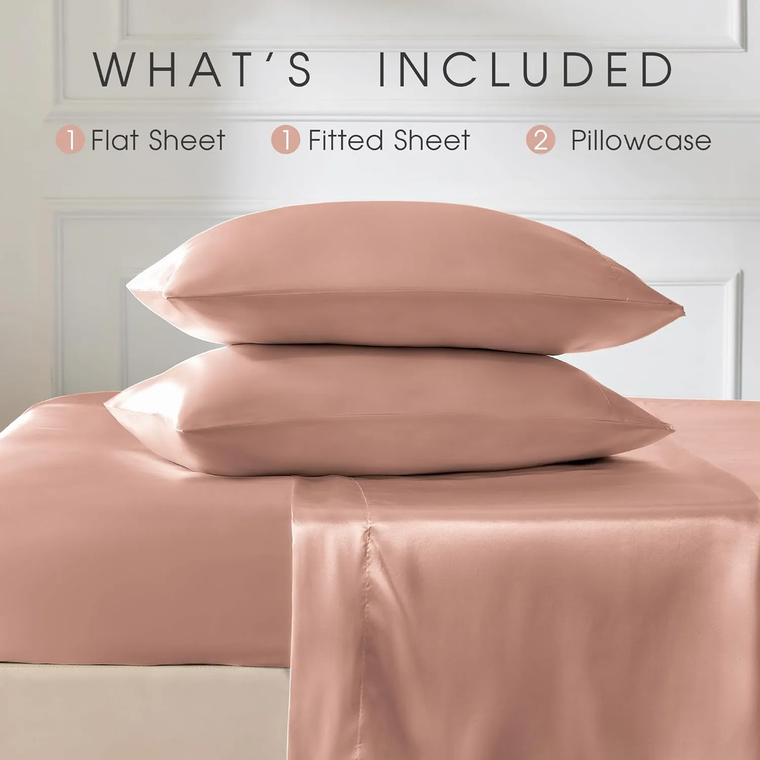 FreshCulture Satin Sheets King Size, Silky Soft Satin Bed Sheets, 4 Psc Blush Satin Sheets with Deep Pocket, Similar to Silk Sheets, Luxury Silk Feel Satin King Sheets Set, Blush