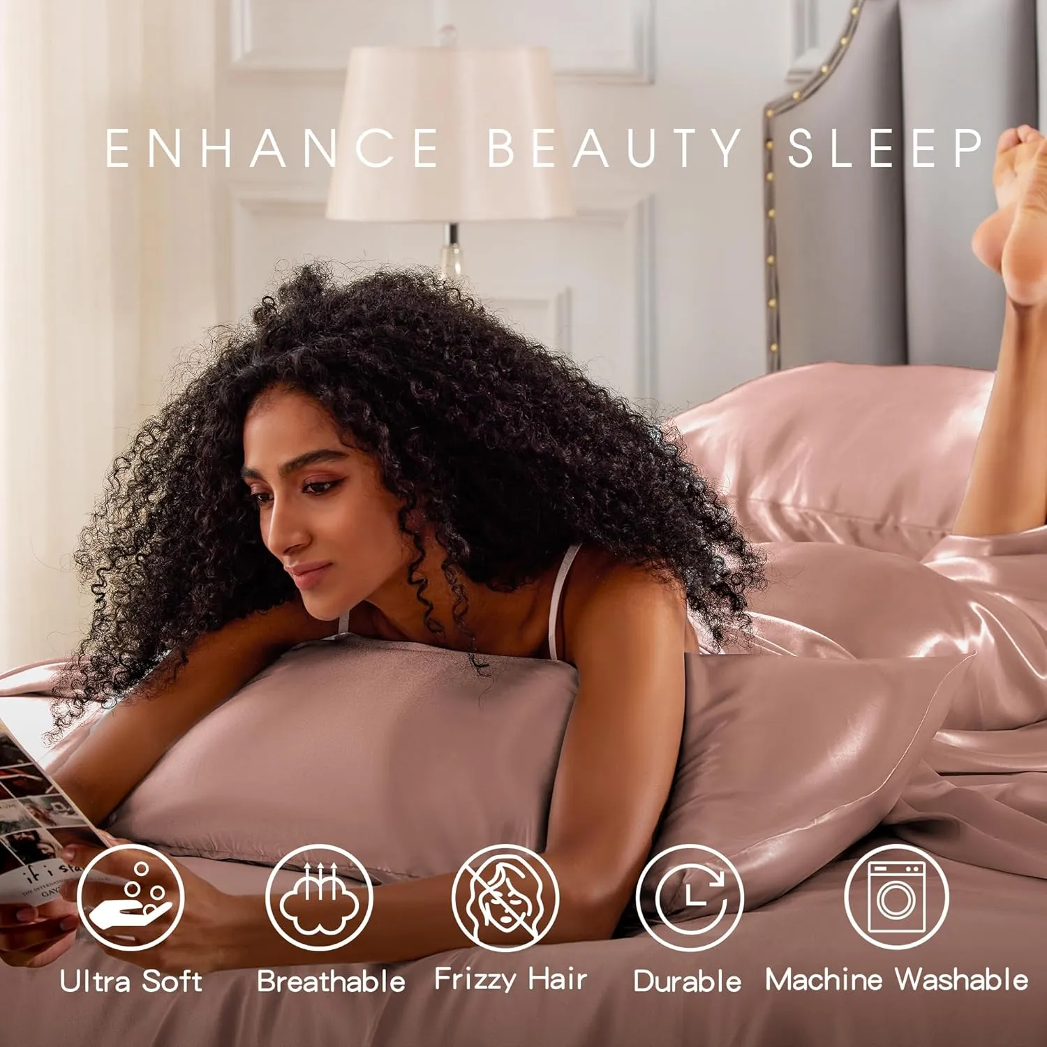 FreshCulture Satin Sheets King Size, Silky Soft Satin Bed Sheets, 4 Psc Blush Satin Sheets with Deep Pocket, Similar to Silk Sheets, Luxury Silk Feel Satin King Sheets Set, Blush