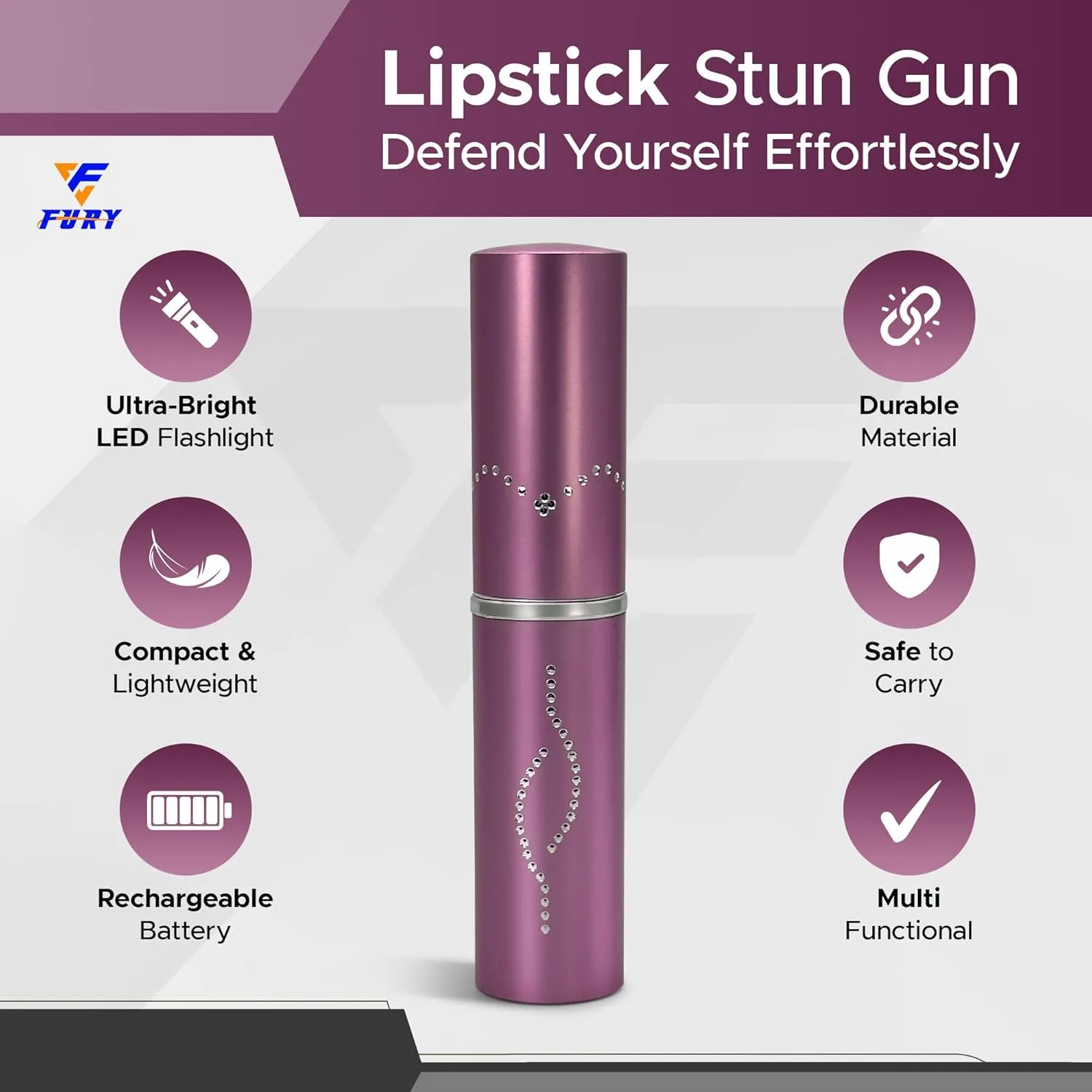 FuryUSA Lipstick Stun Gun - Womens Stun Gun, Metal Casing Self-Defense, Rechargeable Battery, Max Strength, 120 lumens, Built-in Flashlight, Stylish, Expert-Trusted