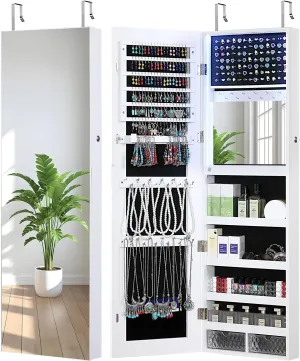 GISSAR Mirror Jewelry Cabinet, LED Lights Wall Mount Door Hanging Full Length Jewelry Organizer Armoire with Built-in Makeup Mirror and Jewelry Storage, Large Capacity Lockable Jewelry Armoire, White