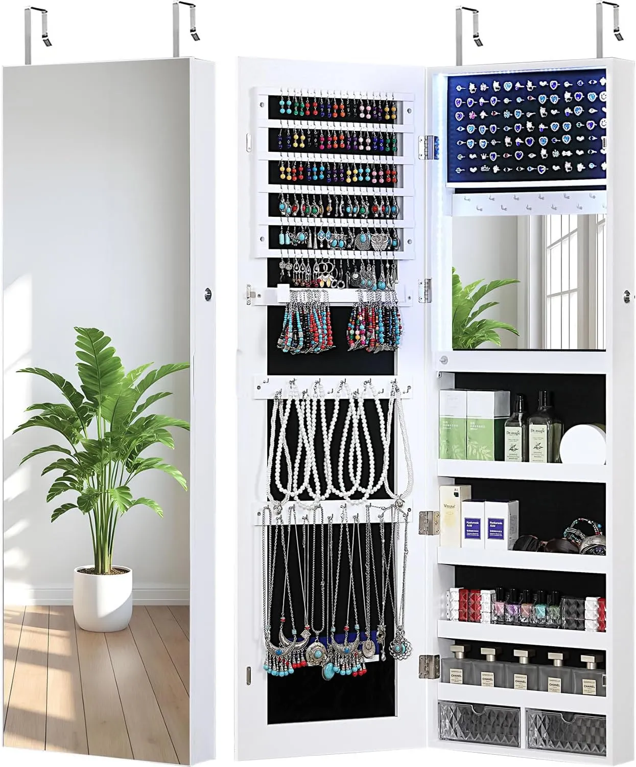 GISSAR Mirror Jewelry Cabinet, LED Lights Wall Mount Door Hanging Full Length Jewelry Organizer Armoire with Built-in Makeup Mirror and Jewelry Storage, Large Capacity Lockable Jewelry Armoire, White