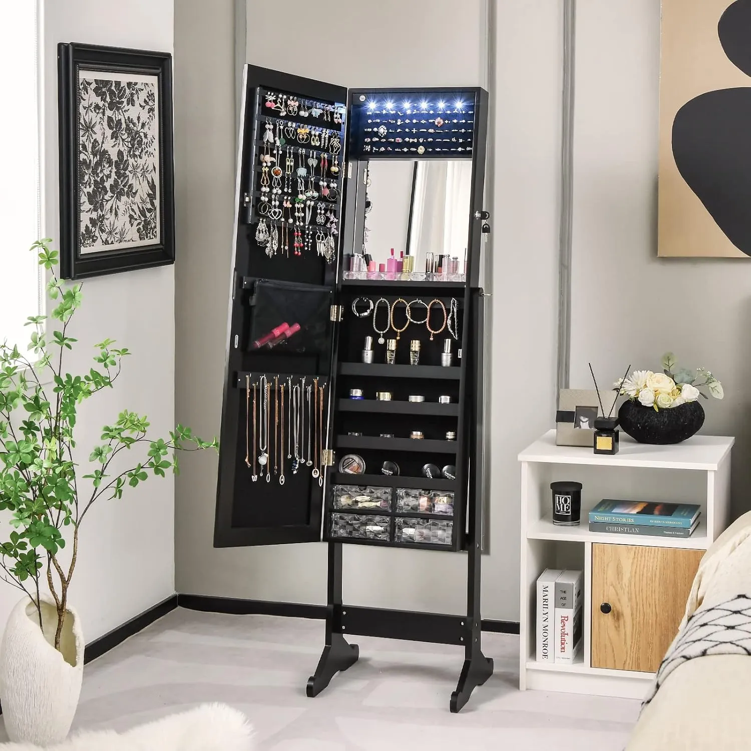 GOFLAME Jewelry Cabinet Freestanding, Lockable Jewelry Armoire Organizer with Full-length Frameless Mirror, Acrylic Drawers, Inner Makeup Mirror, Lipstick Tray, LED Lighted Jewelry Storage Box (Black)