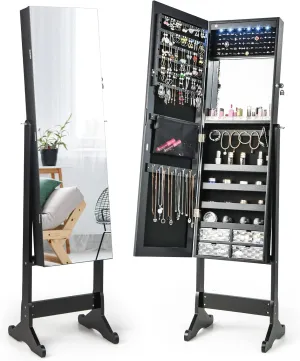 GOFLAME Jewelry Cabinet Freestanding, Lockable Jewelry Armoire Organizer with Full-length Frameless Mirror, Acrylic Drawers, Inner Makeup Mirror, Lipstick Tray, LED Lighted Jewelry Storage Box (Black)