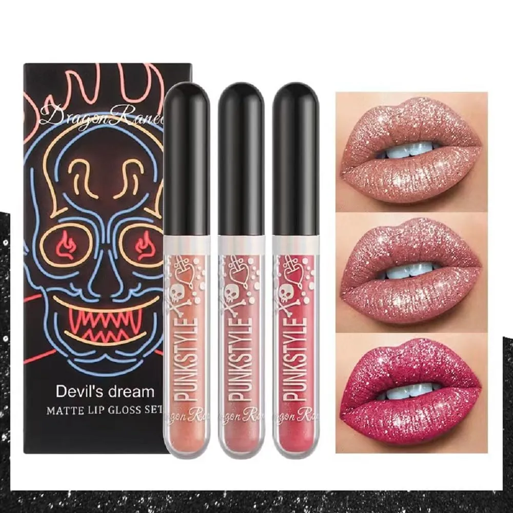 Halloween Diamond Three Box Lip Gloss Non-stick Cup Lipstick Bright Crystal Purple Black Lip Gloss Set (01)