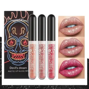Halloween Diamond Three Box Lip Gloss Non-stick Cup Lipstick Bright Crystal Purple Black Lip Gloss Set (01)