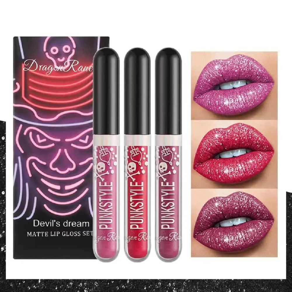 Halloween Diamond Three Box Lip Gloss Non-stick Cup Lipstick Bright Crystal Purple Black Lip Gloss Set (03)