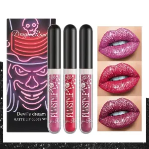 Halloween Diamond Three Box Lip Gloss Non-stick Cup Lipstick Bright Crystal Purple Black Lip Gloss Set (03)