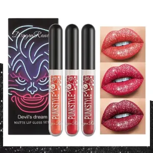 Halloween Diamond Three Box Lip Gloss Non-stick Cup Lipstick Bright Crystal Purple Black Lip Gloss Set (B)
