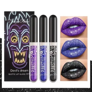 Halloween Diamond Three Box Lip Gloss Non-stick Cup Lipstick Bright Crystal Purple Black Lip Gloss Set (D)